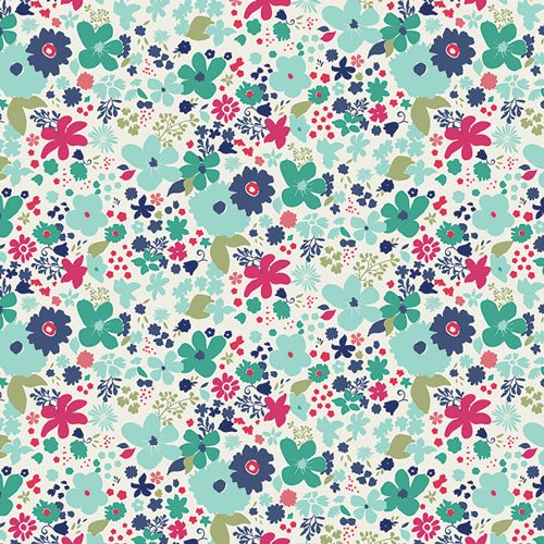 Vintage Rush Abloom Art Gallery Fabric, Aqua with Bright Flowers - The Country Quilt Shop