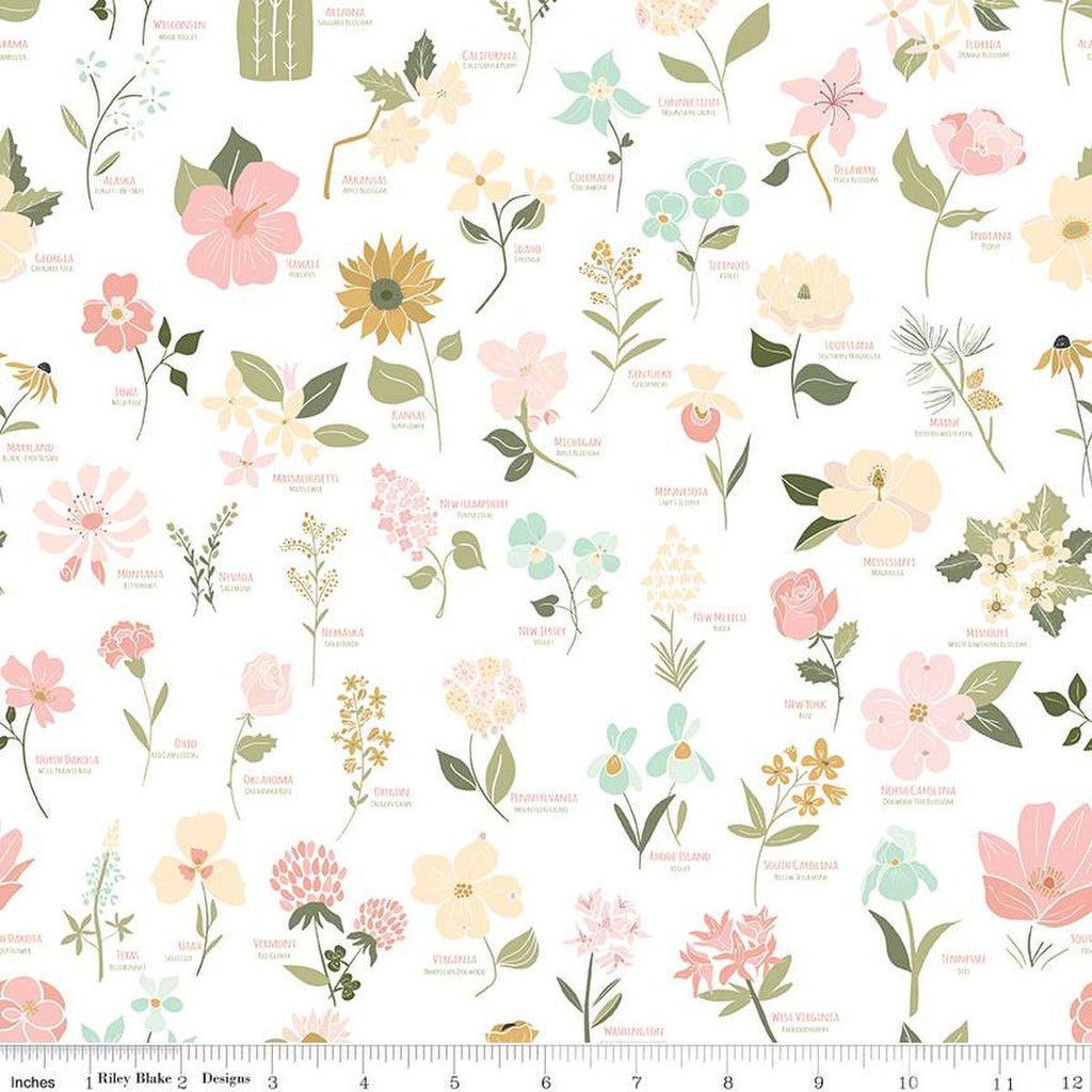 Wild and Free State Flower Fabric in White - The Country Quilt Shop